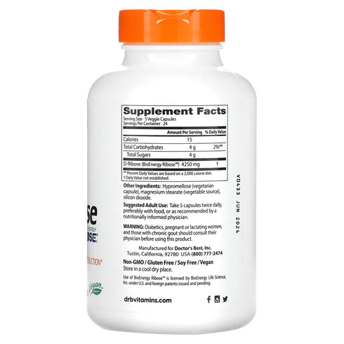 Image of D-Ribose featuring BioEnergy Ribose 850mg 120caps supplement facts